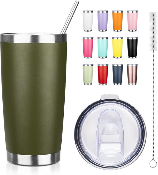20oz Tumbler with Straw and Brush, Stainless Steel Vacuum Insulated tumbler, Double Wall Insulated Coffee Tumbler for Outdoor, Home, Travel,Office (Buff,1pcs)