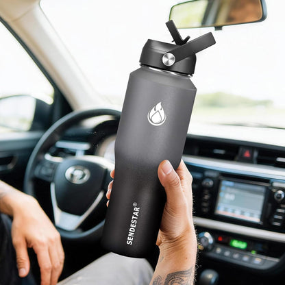 SENDESTAR 40oz Water Bottle Wide Mouth Stainless Steel Vacuum Insulated Double Wall with Straw Lids Fit in Any Car Cup Holder