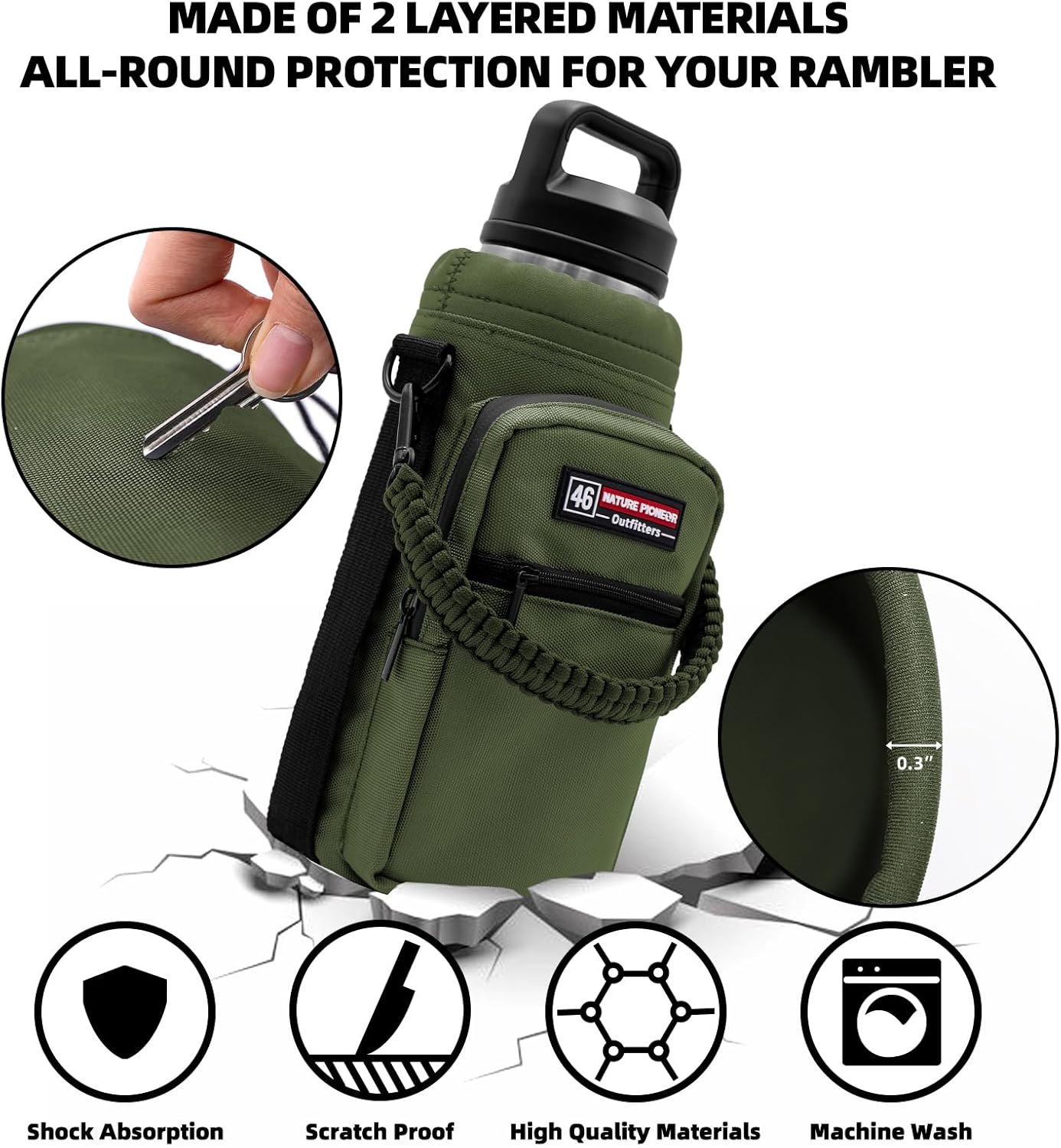NATURE PIONEOR Water Bottle Holder with Adjustable Strap - 26/32/36/40/46/64oz Insulated Water Bottle Sling Carrier with Paracord Handle & 2 Pockets, Outdoor Sports, Hiking, Camping, Gym