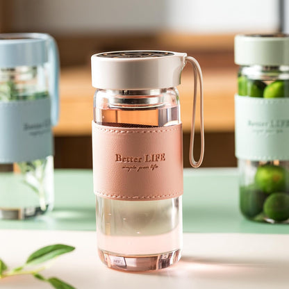 Glass Tea Bottle 16 oz Drinking Bottle with Non-Slip Holster, and Stainless Tea Infuser,Leak Proof Lid,Portable Glass Water Bottle for School, Office, Car & Home,as a gift, etc (Pink)