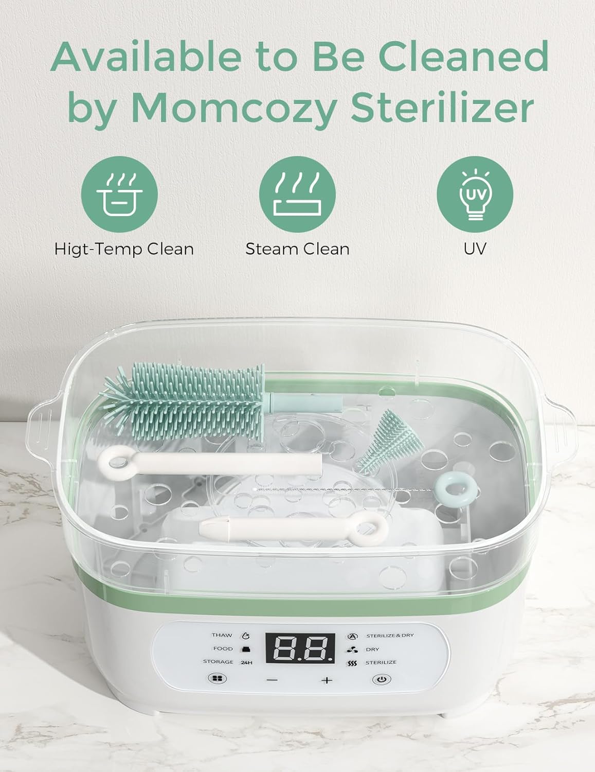 Momcozy Bottle Brush Kit with Push-Press Foam Design - Newborn Essentials Gift, Portable Cleaning Tool for Home & Travel, Baby Bottle Cleaner Brush for Breast Pumps & Nipples, Green