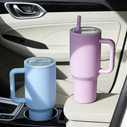 40 oz Insulated Tumbler with Handle,Flip Straw,Lid & Rubber Base Stainless Steel Water Bottle - Leak Proof Vacuum Insulated Mug BPA Free Reusable Travel Cup Gifts for Women/Men (light blue)