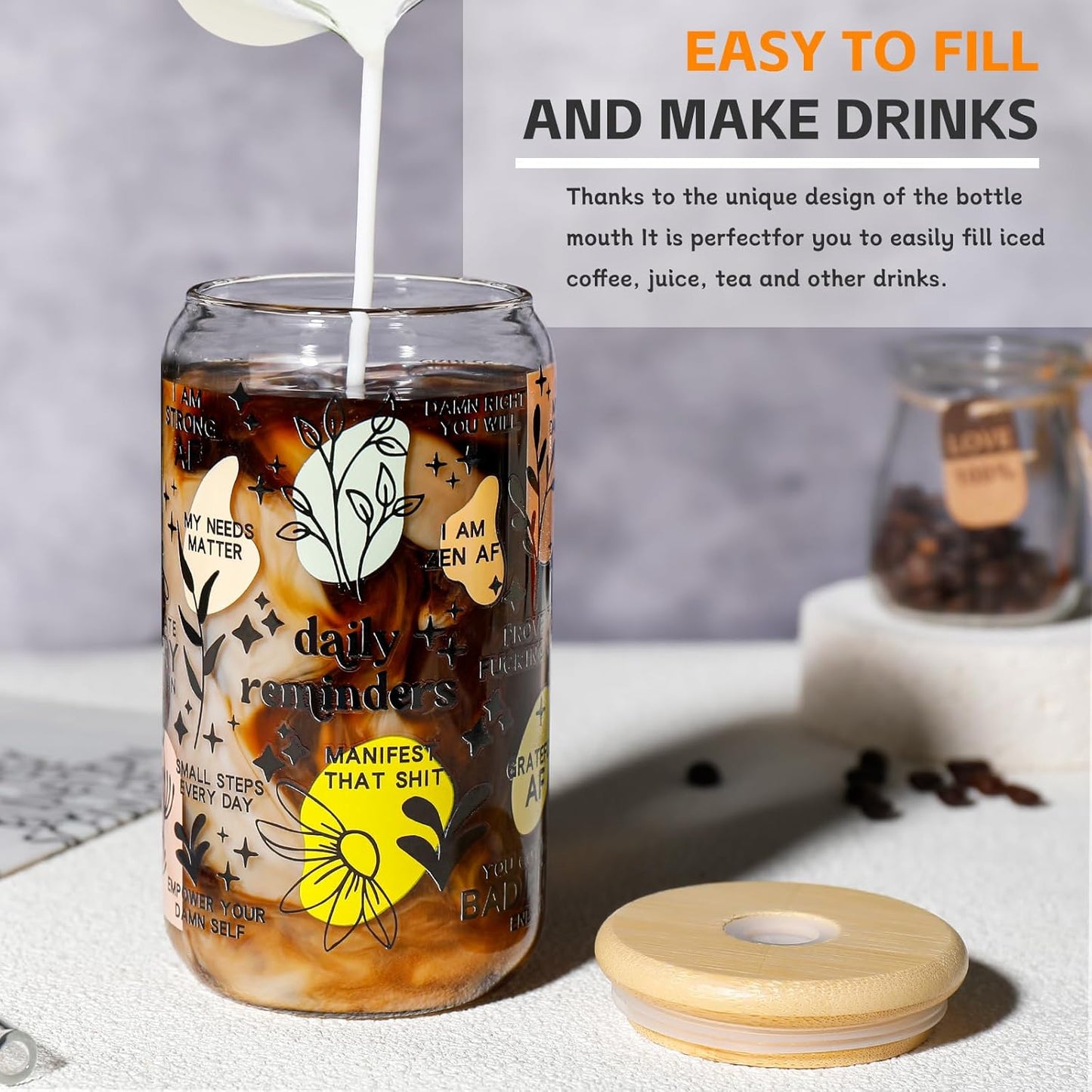 DWTS DANWEITESI Glass Cups with Lids and Straws 4 pcs,16oz Drinking Glasses Set for Coffee Bar Accessories,Iced Coffee Cups with Lids,Matcha Cup Glass Tumbler Reusable for Gifts