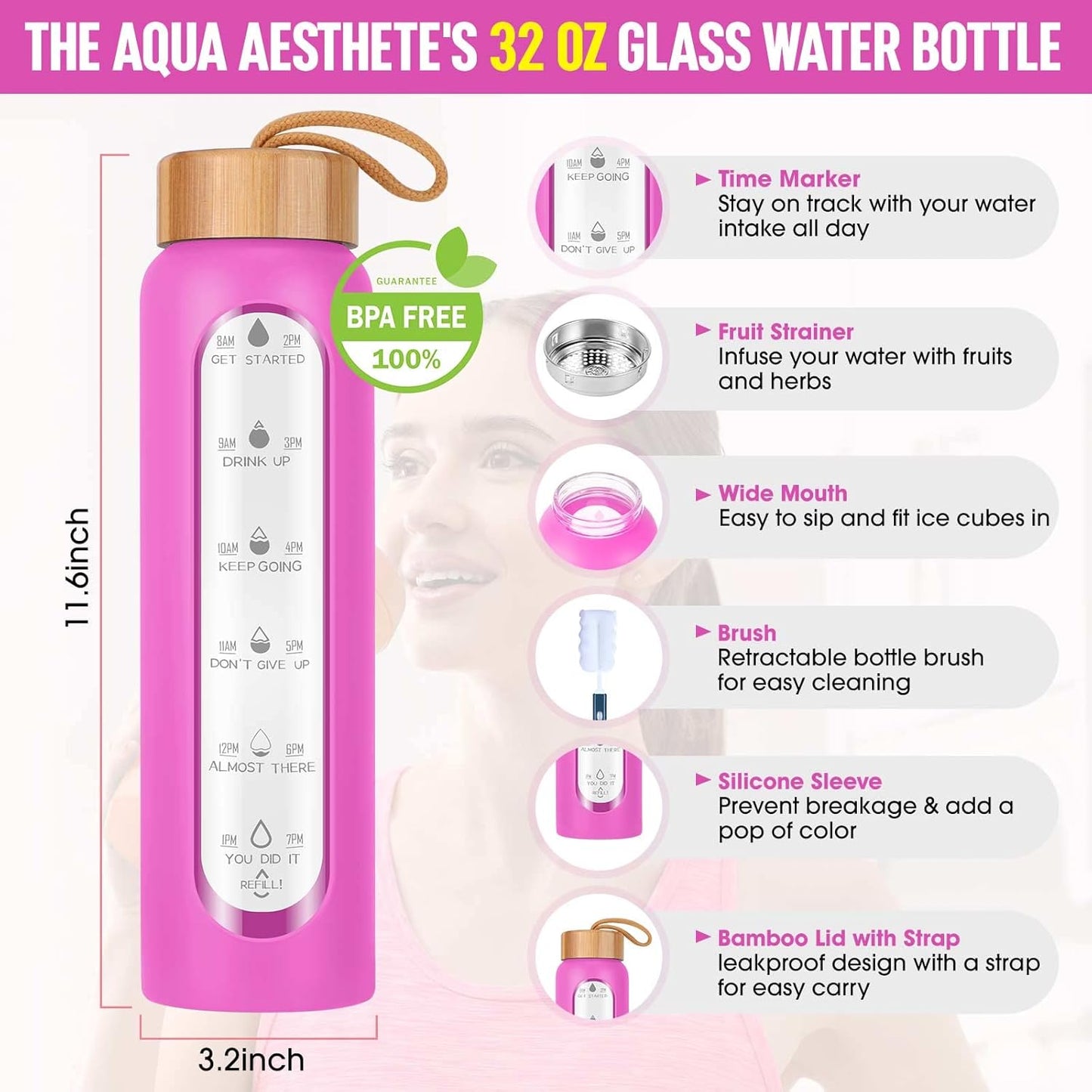 Aqulea Glass Water Bottles 25 Oz with Silicone Sleeve - BPA Free Reusable Wide Mouth Glass Motivational Water Bottles with Fruit Infuser – Leak Proof Borosilicate Water Bottle with Time Marker (White)
