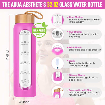 Aqulea Glass Water Bottles 25 Oz with Silicone Sleeve - BPA Free Reusable Wide Mouth Glass Motivational Water Bottles with Fruit Infuser – Leak Proof Borosilicate Water Bottle with Time Marker (White)