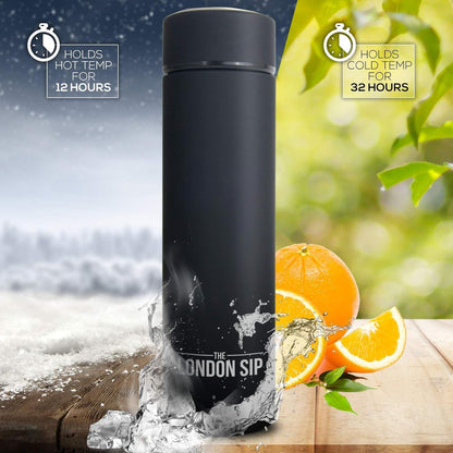The London Sip Multi-Purpose Travel Mug and Tumbler Fruit Infused Flask Hot and Cold Double Wall Stainless Steel Thermos with Extra-Long Infuser, Purple