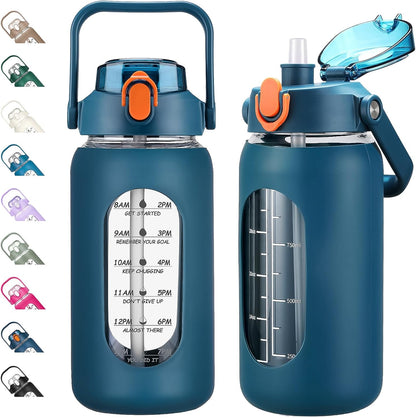 64oz Glass Water Bottles with Straw, Half Gallon Motivational Glass Bottle with Silicone Sleeve and Time Marker, 2L Leakproof Large Glass Water Jug for Gym Home Office,olive