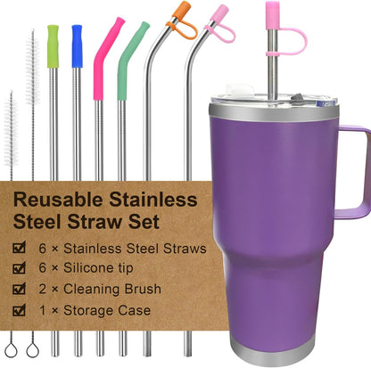 Reusable Stainless Steel Straws Set 6 PCS with 6 Silicone Tips, 2 Straw Brush, 1 Storage Case, Different Sizes of Metal Straws Reusable, Suitable for 14, 20, 30 oz Cups Tumbler, for Hot/Cold Drinks