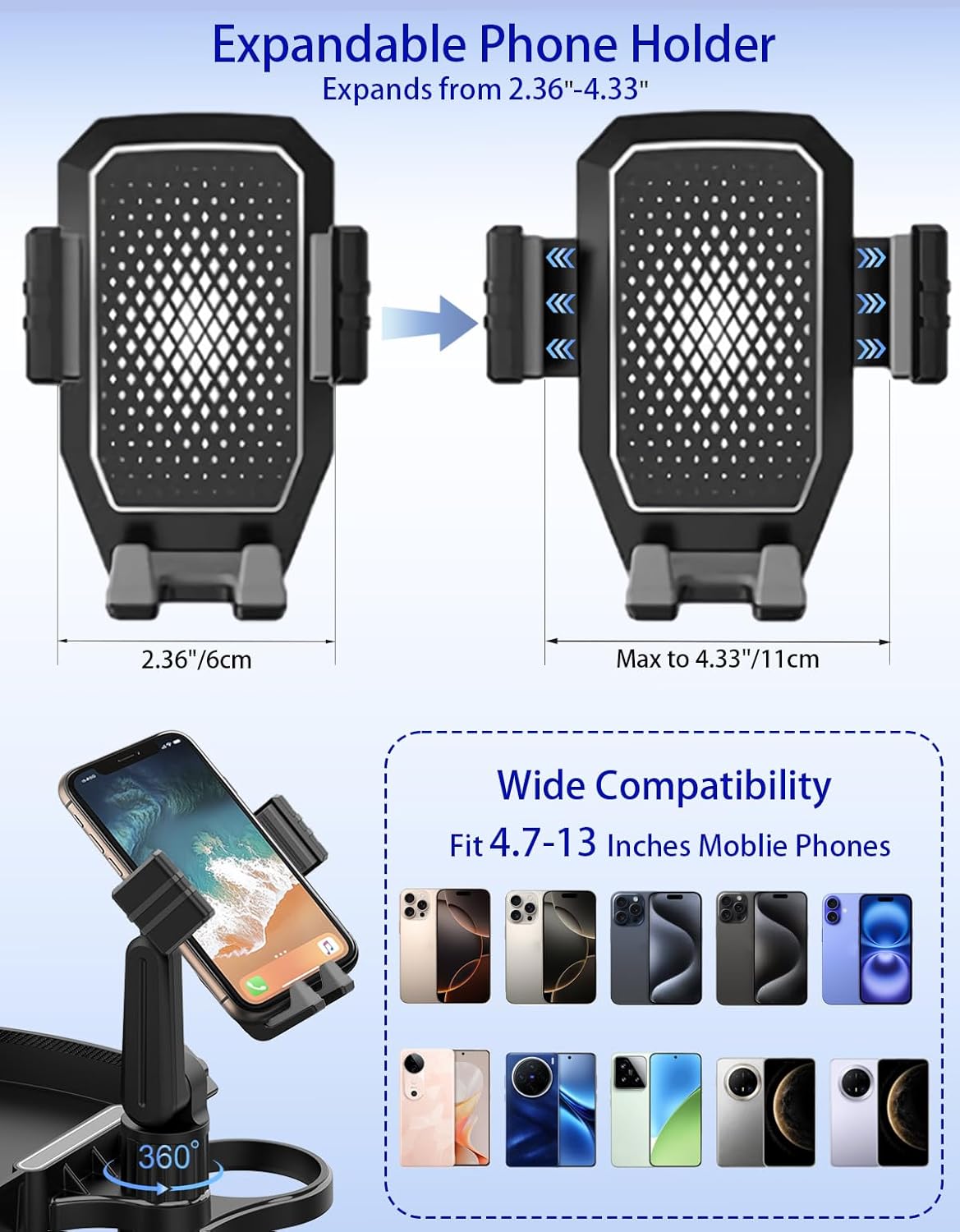 Car Cup Holder Tray - 4 in 1 Adjustable Car Cup Holder Expander with Food Tray Table and Phone Mount 360° Swivel for All Purpose, Automotive Essentials for Driver and Front Passenger