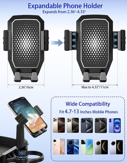 Car Cup Holder Tray - 4 in 1 Adjustable Car Cup Holder Expander with Food Tray Table and Phone Mount 360° Swivel for All Purpose, Automotive Essentials for Driver and Front Passenger