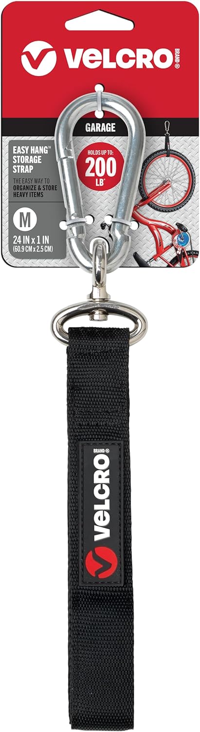 VELCRO Brand VEL-30196-USA Easy Hang Strap with Carabiner Clip Attach Water Bottles and Accessories to Bikes, Bags and more. Organization for Garden, Shed, RV. Extra Small-1Pk, Black