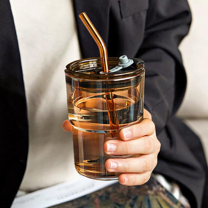13oz Glass Tumbler with Straw and Lid Sealed, Carry On Reusable Iced Coffee Cups,Thick Wall Glass Coffee Drinking Glassware Cups