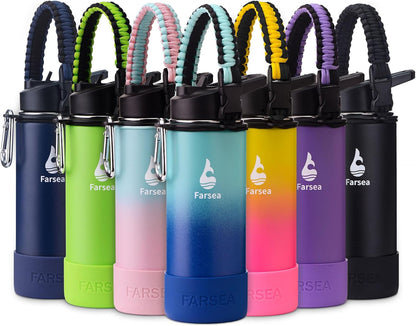 Farsea Insulated Water Bottle With Paracord Handle, Protective Silicone Boot and 2 Lids (Straw Lid & Spout Lid), Stainless Steel Water Bottle Wide Mouth, Double Wall Sweat-Proof BPA-Free, 24 oz