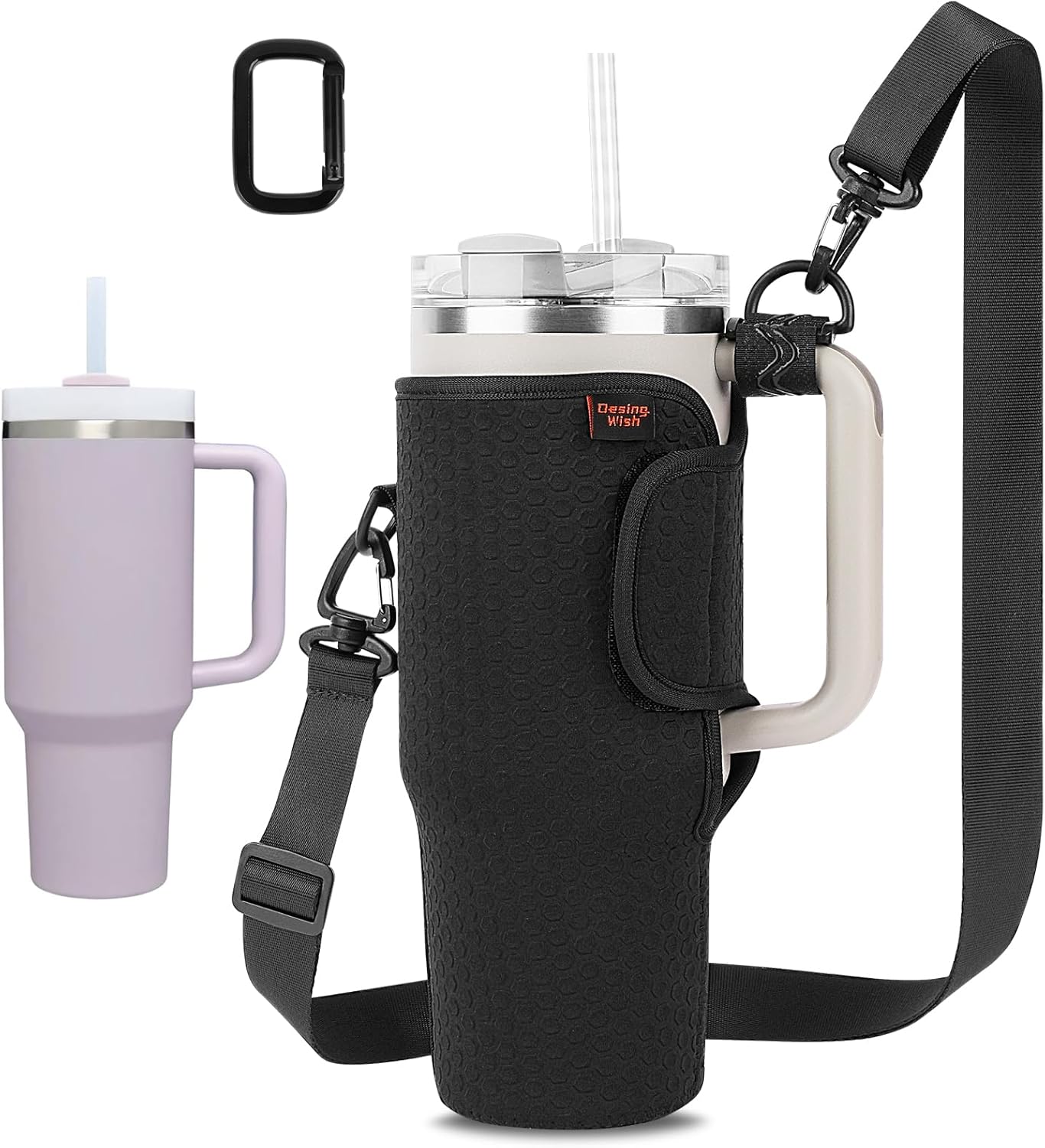 Water Bottle Carrier for Stanley Quencher 30oz Tumbler Cup Water Bottle Holder with Strap Neoprene Protective Tumbler Carrying Bag for Hiking Fitness Travelling - Black