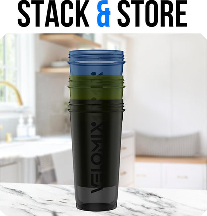 VELOMIX -3 PACK- 14 oz Protein Shaker Bottle for Protein Mixes - 3x Wire Whisk | Leak Proof Shaker Cups for Protein Shakes | Stackable Protein Shaker Bottle Pack | Dishwasher Safe (Mixed Colors)
