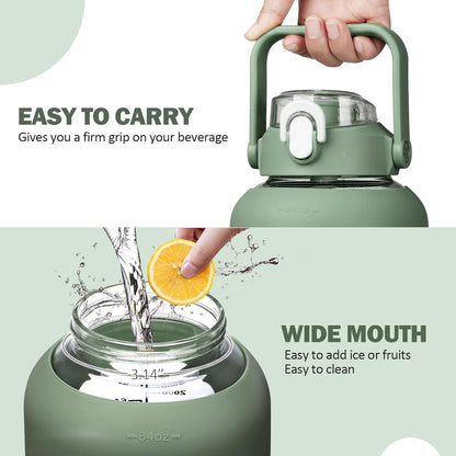 64oz Glass Water Bottles with Straw, Half Gallon Motivational Glass Bottle with Silicone Sleeve and Time Marker, 2L Leakproof Large Glass Water Jug for Gym Home Office,olive