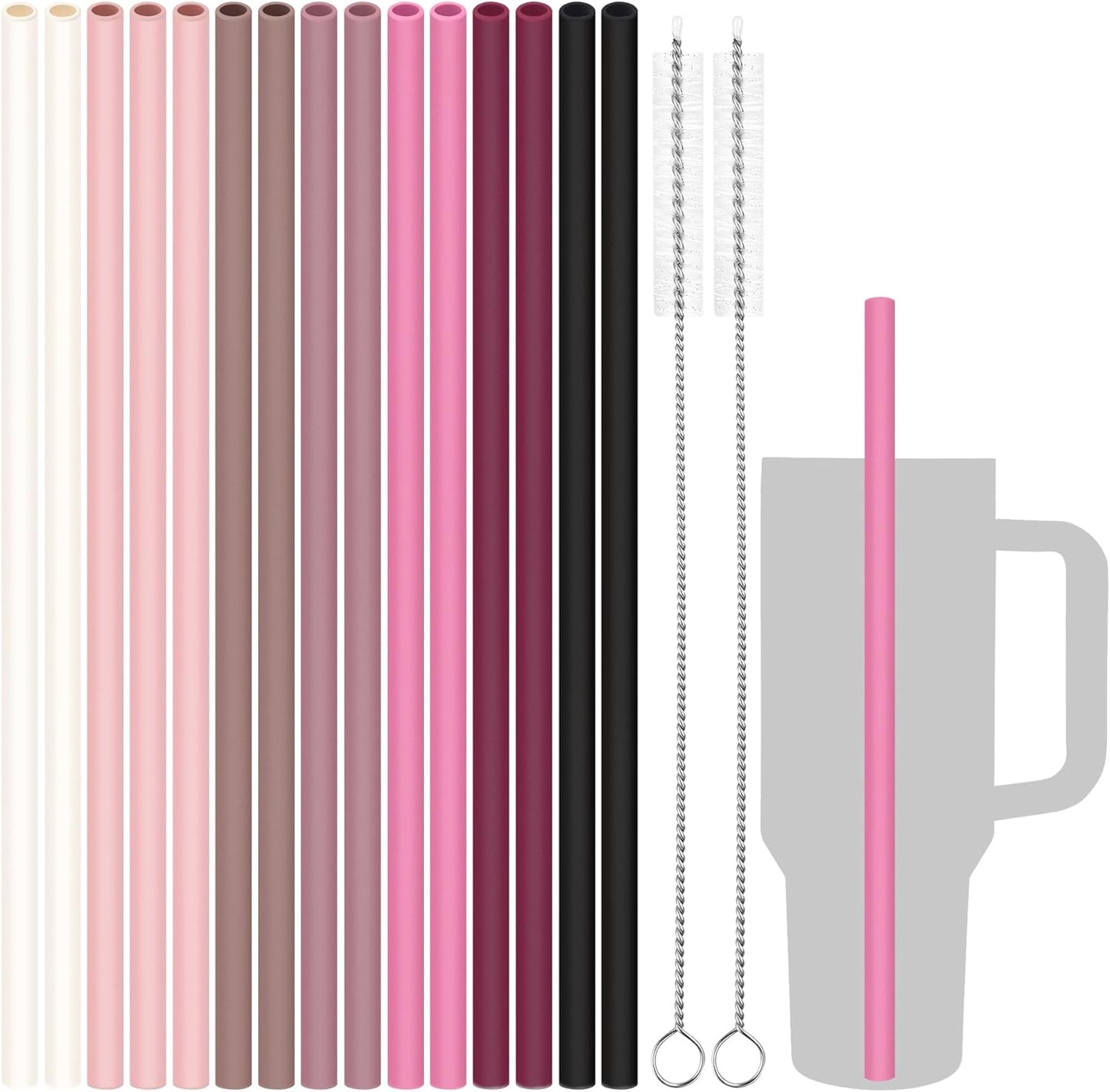 Tomorotec 15PCS Reusable Silicone Drinking Straws w/ 2 Brushes, Fit for Stanley Tumbler 40oz 30oz 20oz, 12" Long Customizable for Various Drinkware, Dishwasher Safe, BPA-Free, Safe for Teeth (Macaron)