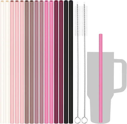 Tomorotec 15PCS Reusable Silicone Drinking Straws w/ 2 Brushes, Fit for Stanley Tumbler 40oz 30oz 20oz, 12" Long Customizable for Various Drinkware, Dishwasher Safe, BPA-Free, Safe for Teeth (Macaron)