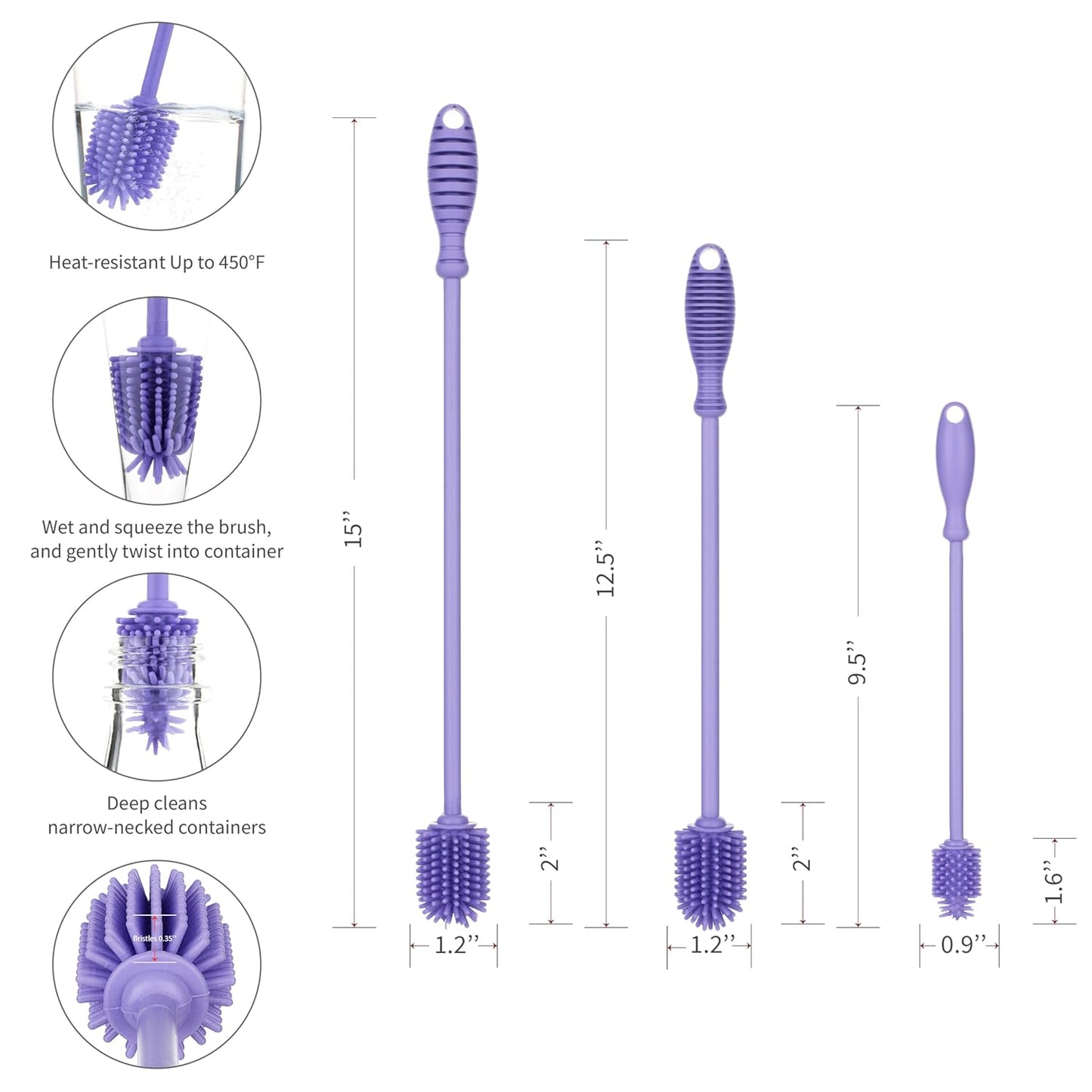 A-Brush Silicone Bottle Cleaner Brush, 2 Piece Set, Flexible, Long Handle - Water Bottle Cleaner, Baby Bottle Nipple Brush for Plastic & Glass, BPA-Free Dish Washing Brush A2S Protection