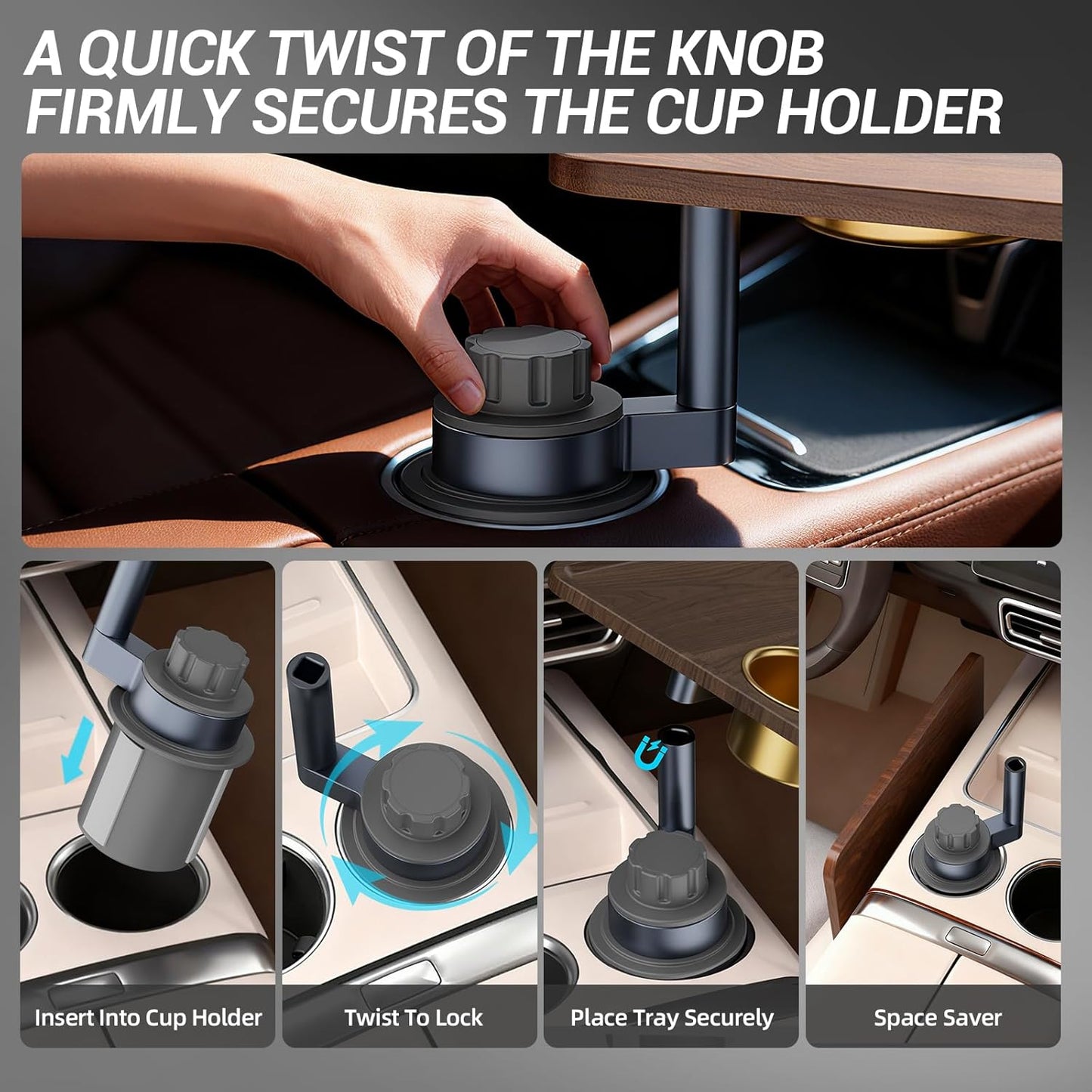 Car Cup Holder Tray Desk, 360° Rotating Black Walnut Solid Wood Food Car Table - Steering Wheel Tray Road Trip Essentials Accessories for Tesla Model Y/3/S, Ford F150 Most Vehicles