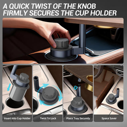 Car Cup Holder Tray Desk, 360° Rotating Black Walnut Solid Wood Food Car Table - Steering Wheel Tray Road Trip Essentials Accessories for Tesla Model Y/3/S, Ford F150 Most Vehicles