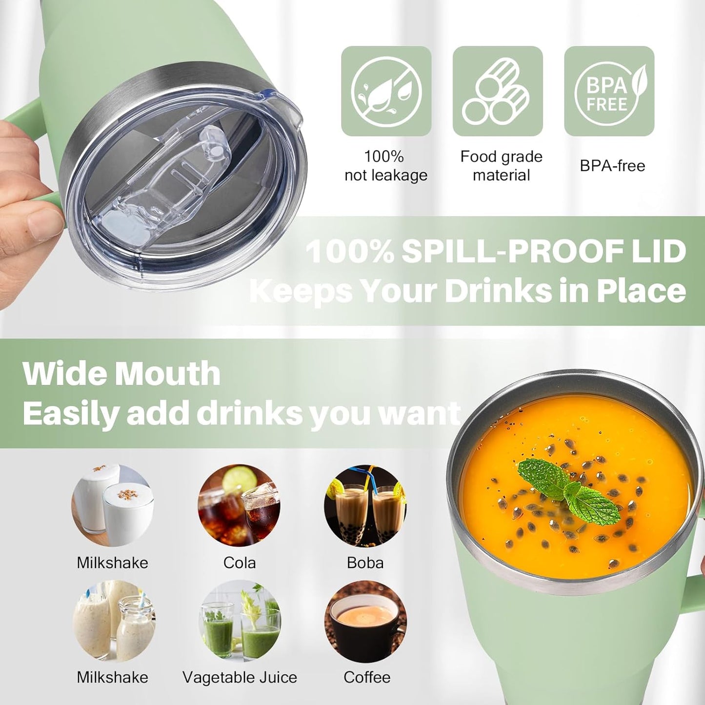 40 oz Tumbler with Handle, Insulated Tumbler with Lid and Straw, Reusable Stainless Steel Vacuum Insulated Cup, 100% Leak Proof Thermal Travel Coffee Mug Cup for Cold and Hot (Light Purple)