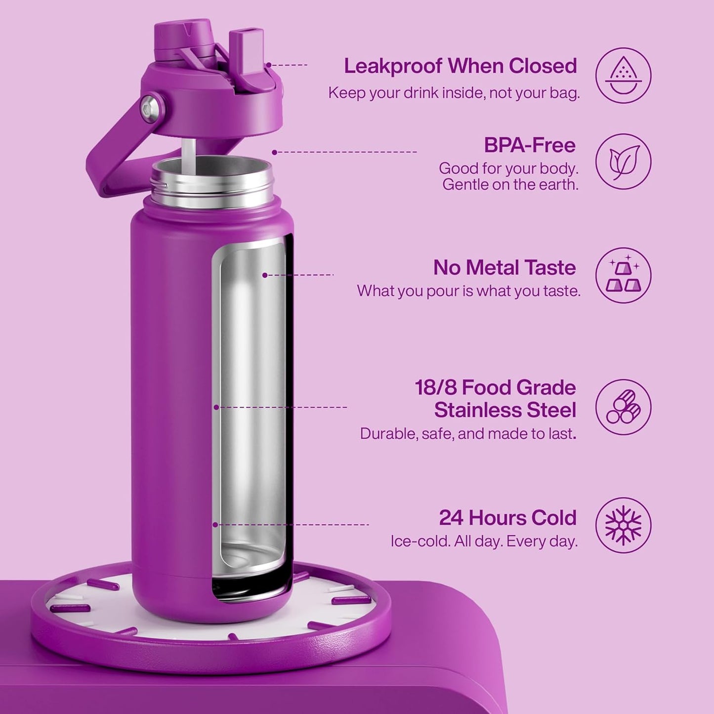 ENCOOL Insulated Water Bottle with Straw Stainless Steel Water Bottle, Leak-Proof, BPA-Free, Double Wall Vacuum Keeps Cold for 24 Hours for Sports, Travel, School (26 oz, Cotton Candy) - Colors D