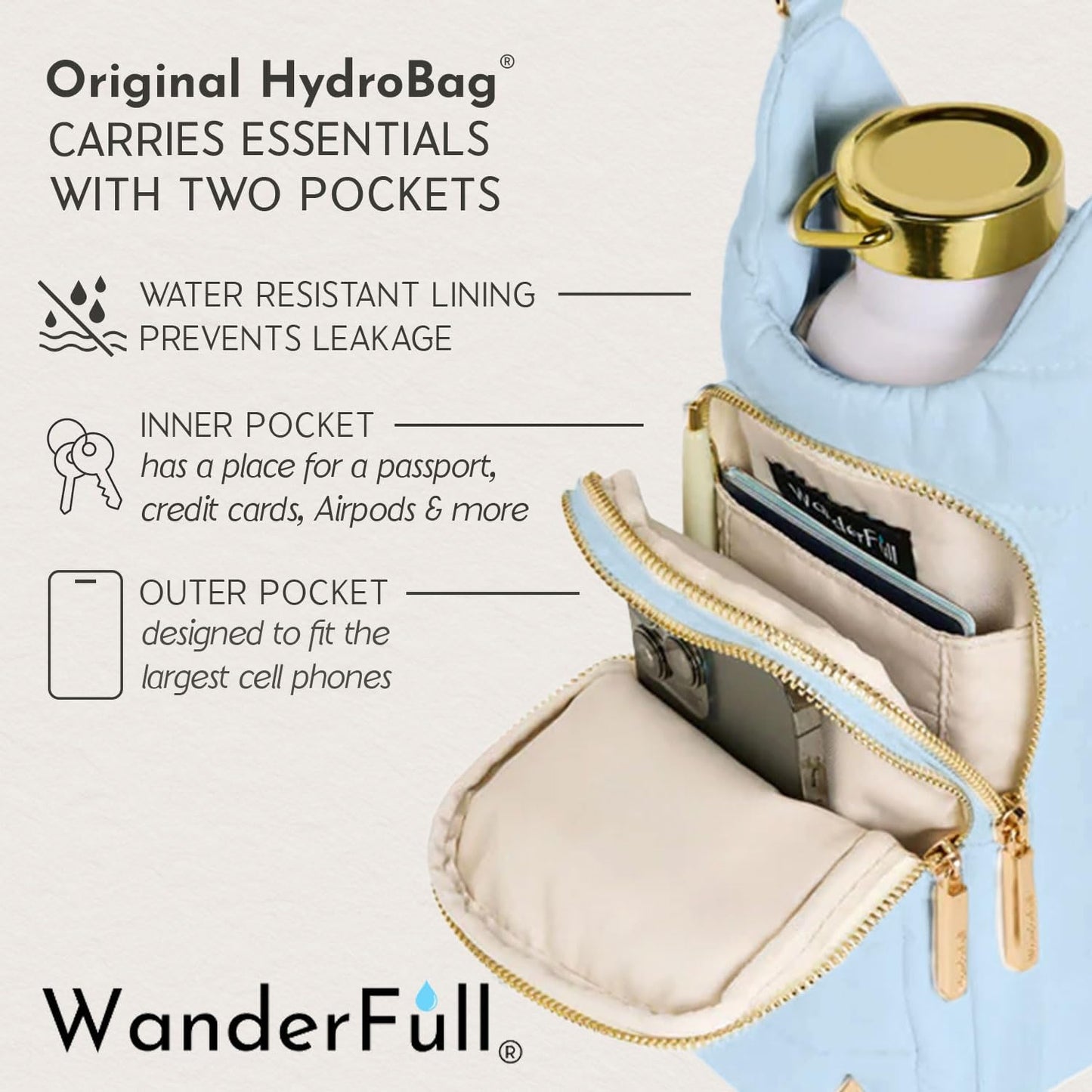 WanderFull Original HydroBag Fits Up to 32 oz Water Bottle Holder with Strap – Hands-Free Crossbody Water Bottle Carrier Bag with Phone Pocket - Colors B