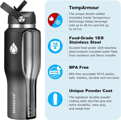 SENDESTAR 40oz Water Bottle Wide Mouth Stainless Steel Vacuum Insulated Double Wall with Straw Lids Fit in Any Car Cup Holder