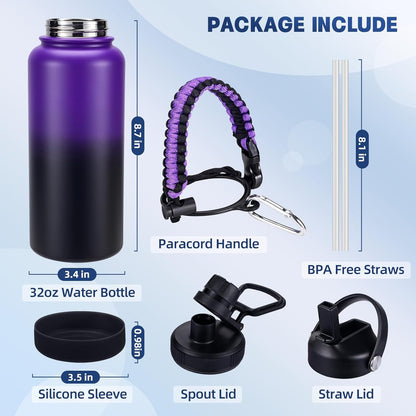 Insulated Water Bottle, 32 oz Stainless Steel Wide Mouth Water Bottles with 2 Leak Proof Lid and Paracord Handle, Double Wall Vacuum Insulated Sports Water Bottle, Purple Black