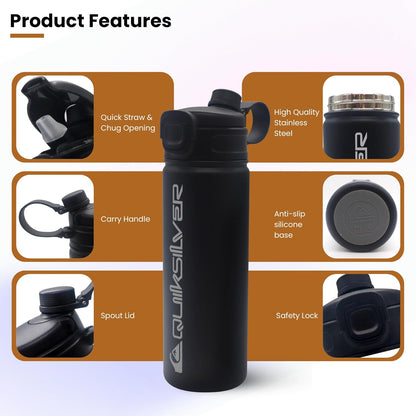 Quiksilver Laguna 32oz Tripple Wall Stainless Steel Water Bottle, Reusuable Sports Bottle with Leak-Proof Straw and Spout Lid, Non-Slip Rubber Base, Carrier Handle, 24H Hot & Cold Insulated Tumbler