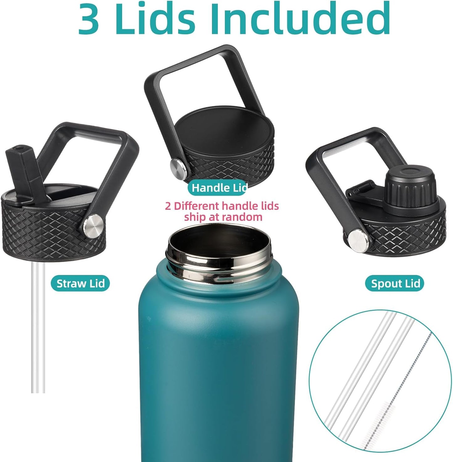Konokyo 22oz Stainless Steel Bottles with 3 Lids Sport Insulated Water Bottle,Mint