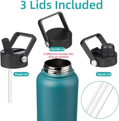 Konokyo 22oz Stainless Steel Bottles with 3 Lids Sport Insulated Water Bottle,Mint