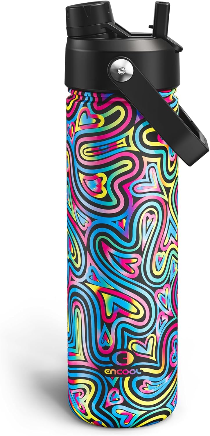 ENCOOL Insulated Water Bottle with Straw Stainless Steel Water Bottle, Leak-Proof, BPA-Free, Double Wall Vacuum Keeps Cold for 24 Hours for Sports, Travel, School (26 oz, Cotton Candy) - Colors D