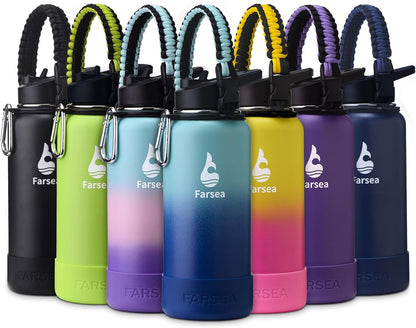 Farsea Insulated Water Bottle With Paracord Handle, Protective Silicone Boot and 2 Lids (Straw Lid & Spout Lid), Stainless Steel Water Bottle Wide Mouth, Double Wall Sweat-Proof BPA-Free, 24 oz