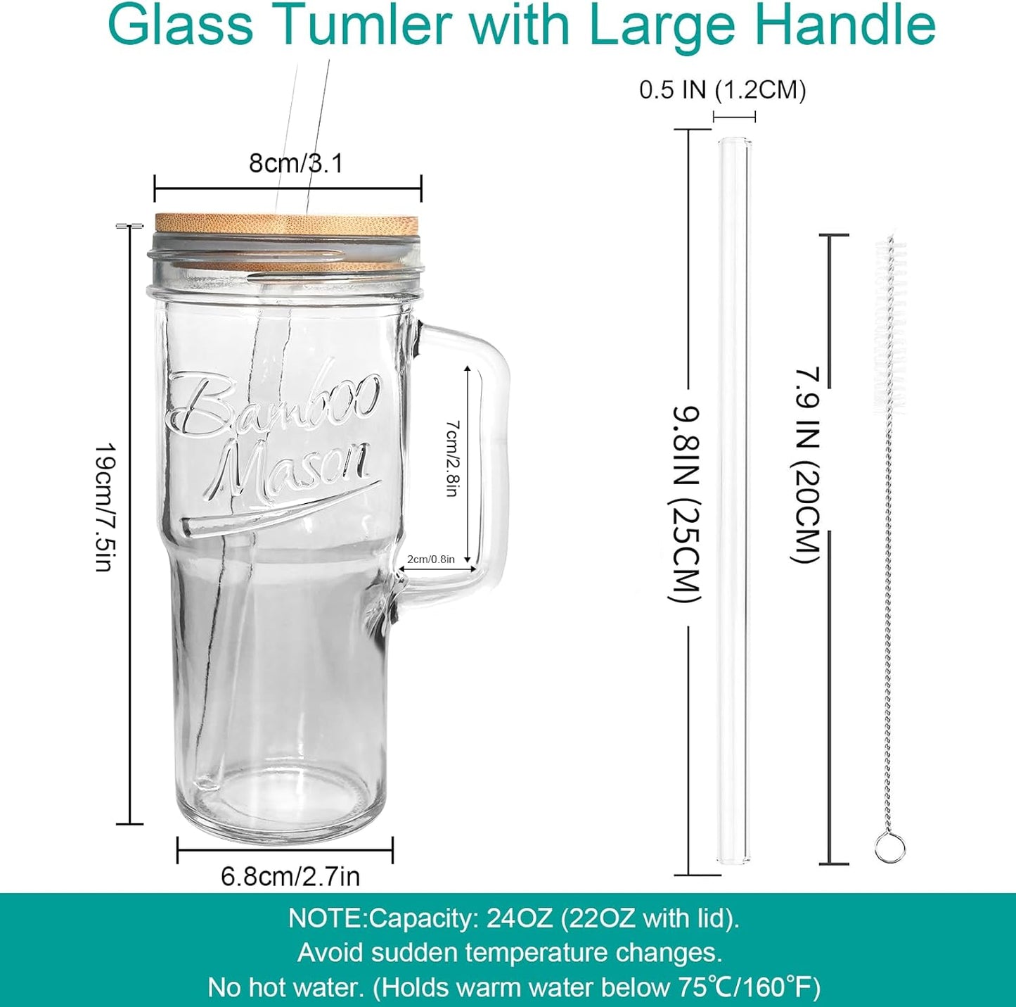 ANOTION Bamboo Mason Leakproof Mason Jar Cups with Lids and Straws, Cap Cup 24oz Glass Tumbler with Handle, Rotating Lid Silicone Straw, Reusable Iced Coffee Matcha Cup Coffee Gifts for Women 2pc