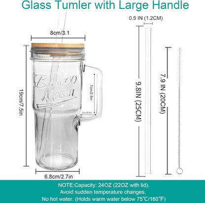 ANOTION Bamboo Mason Leakproof Mason Jar Cups with Lids and Straws, Cap Cup 24oz Glass Tumbler with Handle, Rotating Lid Silicone Straw, Reusable Iced Coffee Matcha Cup Coffee Gifts for Women 2pc
