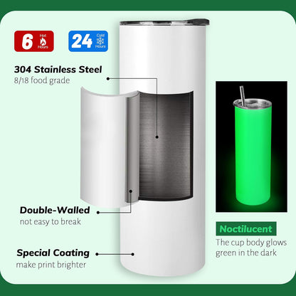 Joyclub Sublimation Tumblers Blanks 20 oz 10 Pack Skinny Straight Tumblers Bulk Stainless Steel Insulated Sublimation Cups with Lid and Straw, Gift Box