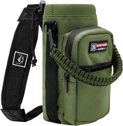 NATURE PIONEOR Water Bottle Holder with Adjustable Strap - 26/32/36/40/46/64oz Insulated Water Bottle Sling Carrier with Paracord Handle & 2 Pockets, Outdoor Sports, Hiking, Camping, Gym