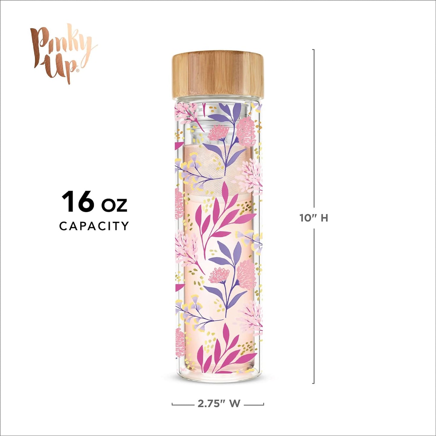 Pinky Up Blair Travel Tea Infuser Mug, Double Walled Insulated Travel Tumbler with Loose Leaf Tea Strainer, Travel Coffee Mug, Keeps Drinks Hot or Cold, 16 oz, White Leaf