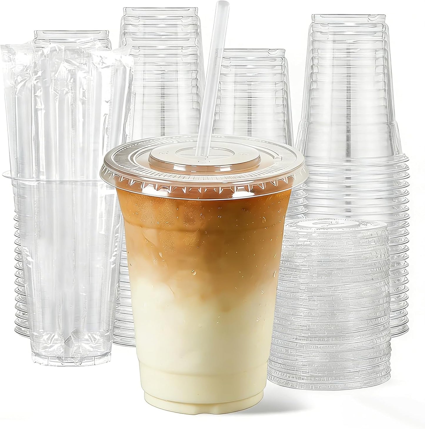 25 Pack 16 oz Clear Plastic Cups with Lids and Straws, Leak-Proof Disposable Iced Coffee Cups, BPA-Free PET Cold Drink Tumblers for Smoothie, Tea and Juice, Crystal Clear To Go Cups
