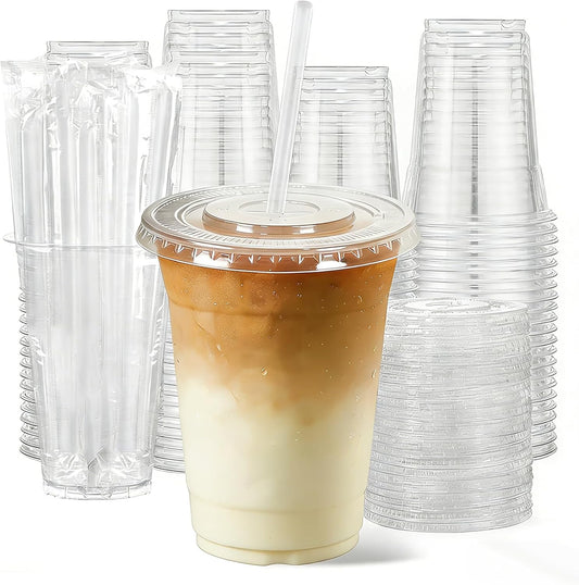 25 Pack 16 oz Clear Plastic Cups with Lids and Straws, Leak-Proof Disposable Iced Coffee Cups, BPA-Free PET Cold Drink Tumblers for Smoothie, Tea and Juice, Crystal Clear To Go Cups
