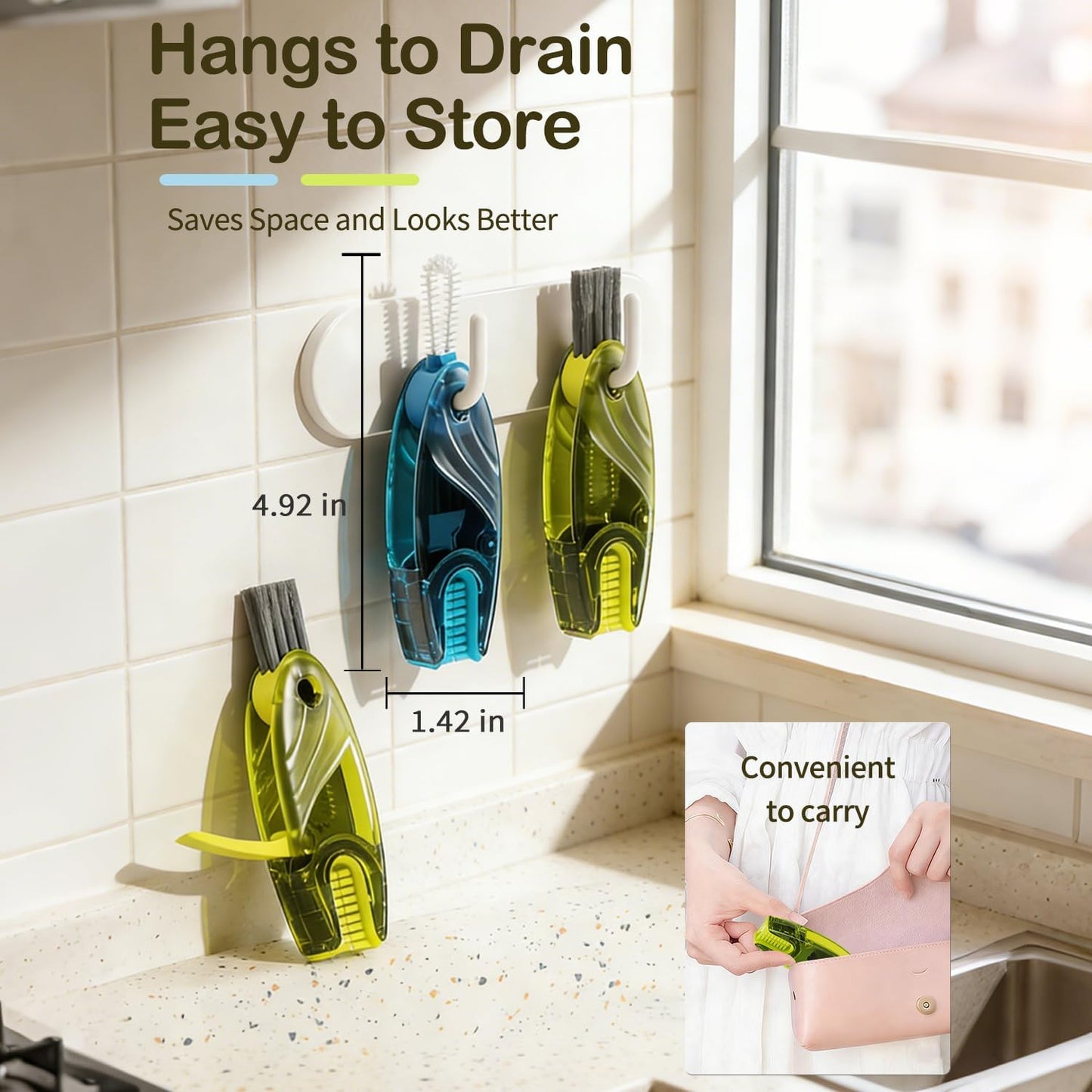 3 in 1 Cup Lid Gap Cleaning Brush Set, 2PCS Multifunctional Bottle Cleaning Brush for Bottle Gaps Bottle Cleaner Home Kitchen Cleaning Tools, Green&Blue