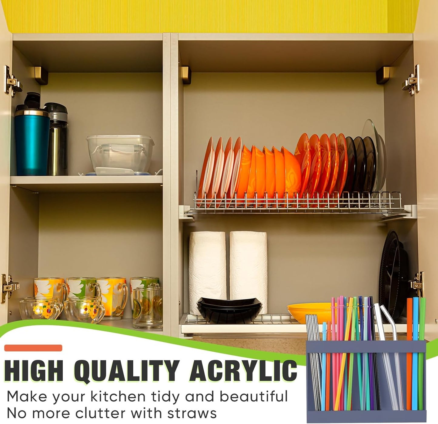 Qinyoung Acrylic Straw Holder for Cabinet Door with Double Sided Adhesive Tape Reusable Straw Organizer Tumbler Storage Kitchen Accessories Container for Counter Cupboard(Classic,Large,Transparent)