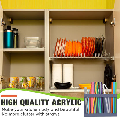 Qinyoung Acrylic Straw Holder for Cabinet Door with Double Sided Adhesive Tape Reusable Straw Organizer Tumbler Storage Kitchen Accessories Container for Counter Cupboard(Classic,Large,Transparent)
