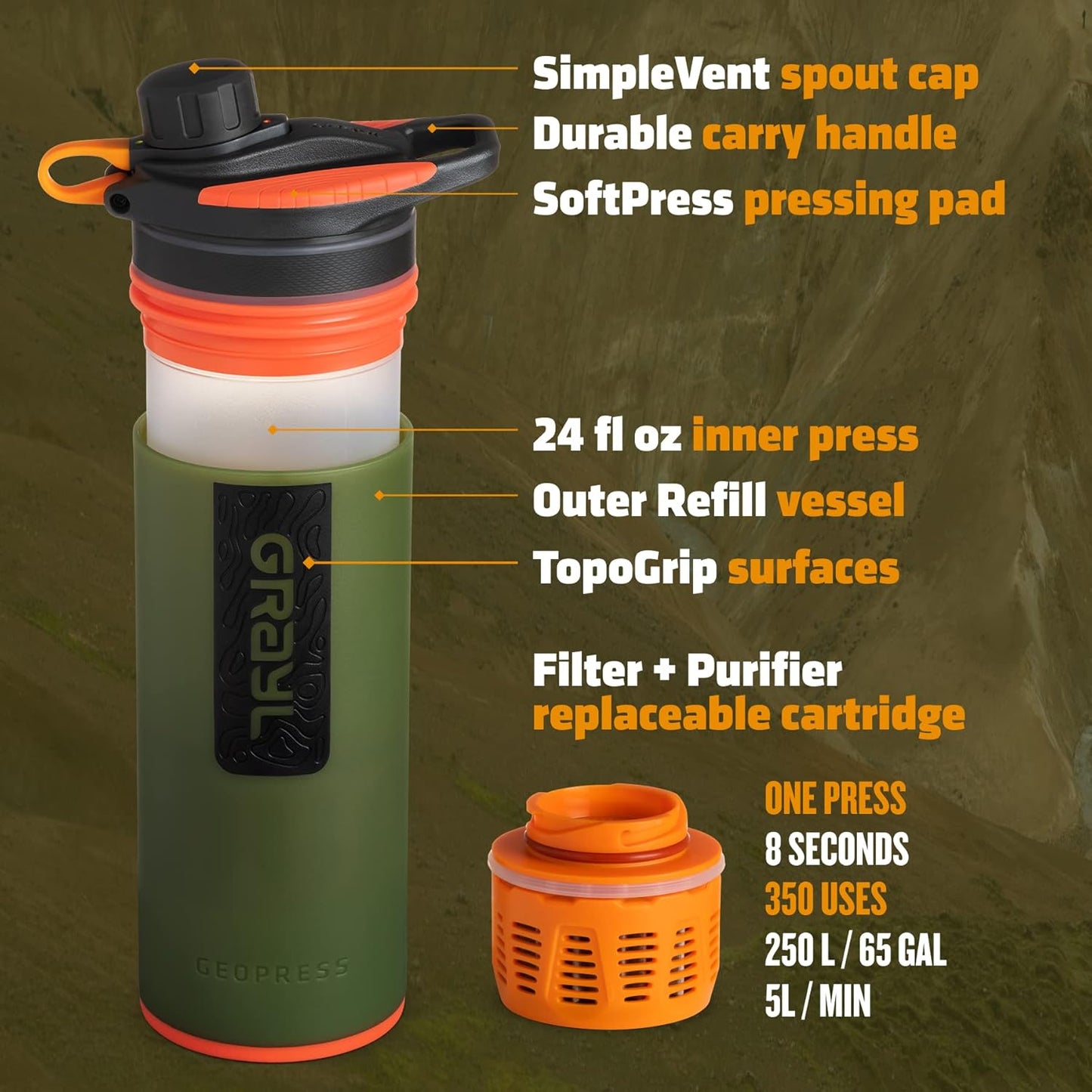 GRAYL GeoPress 24 oz Water Purifier Bottle - Filter for Hiking, Camping, Survival, Travel (Bali Blue)
