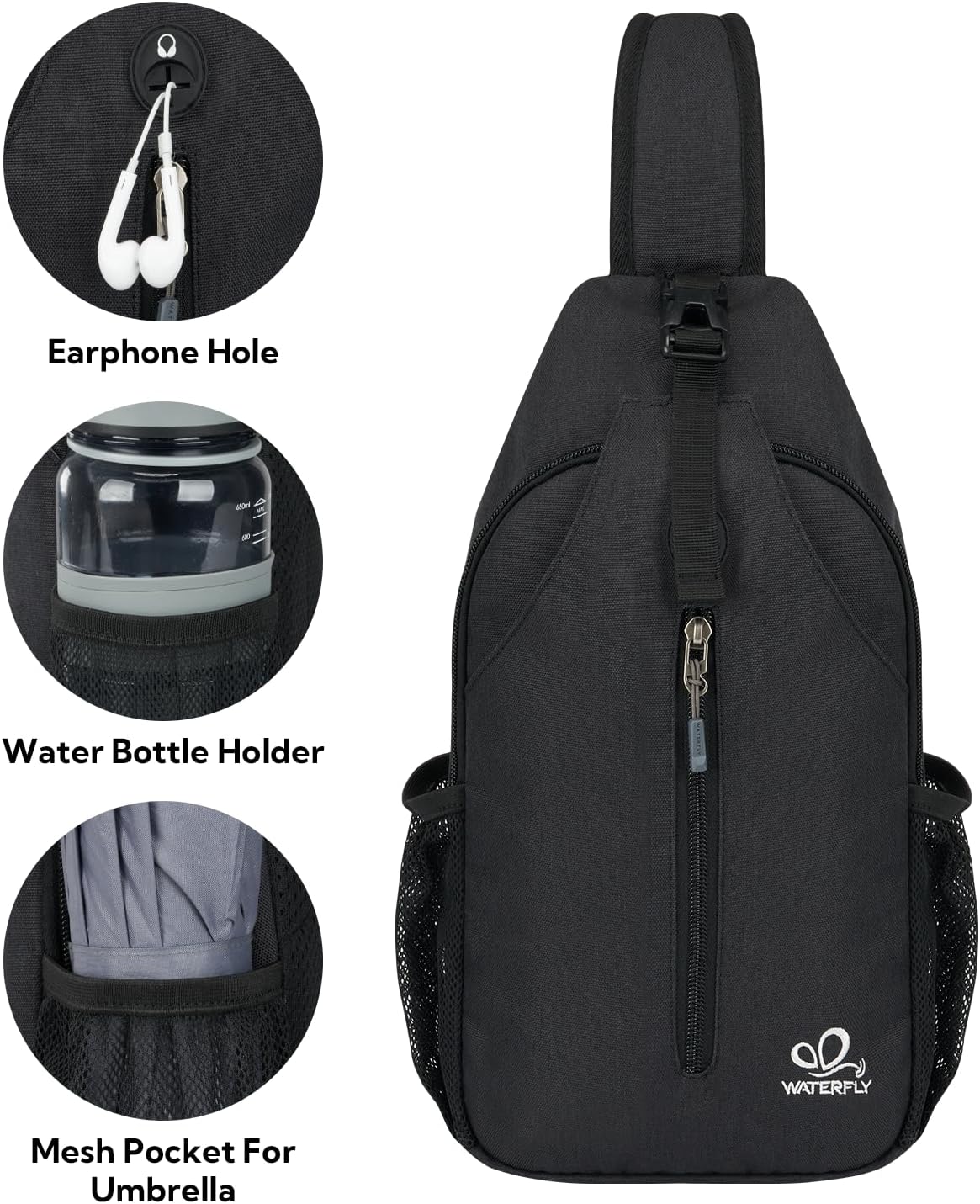 WATERFLY Crossbody Sling Backpack Sling Bag Travel Hiking Chest Bag Daypack (Black)