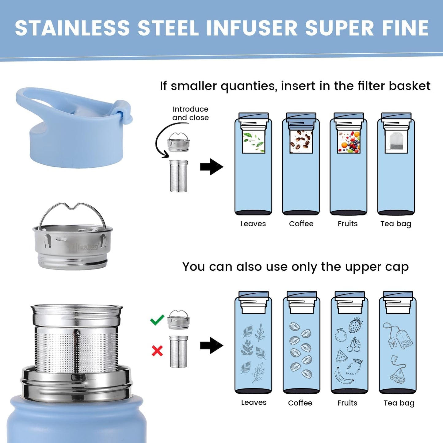 Lexlion Tea Infuser Water Bottle 32 Oz – Triple Wall Insulated Stainless Steel, Loose Leaf & Fruit Strainer, 3 Leakproof Lids, BPA-Free Silicone Sleeve, Reusable Thermal Mug