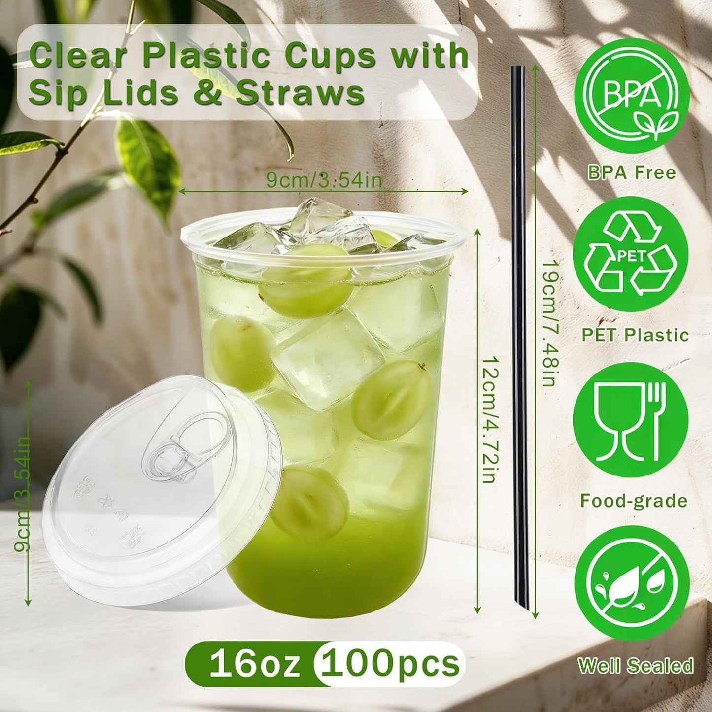 100 Set 16oz Clear Plastic Cups with Sip Lids and Straws,Disposable iced coffee cups with lids for Cold Drinks,Smoothies, Juices,Round Bottom To Go Coffee Cups for Party,Picnic (16, ounces)