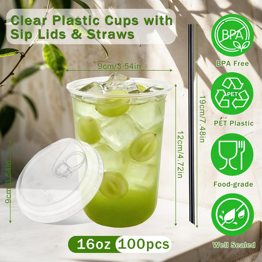 100 Set 16oz Clear Plastic Cups with Sip Lids and Straws,Disposable iced coffee cups with lids for Cold Drinks,Smoothies, Juices,Round Bottom To Go Coffee Cups for Party,Picnic (16, ounces)